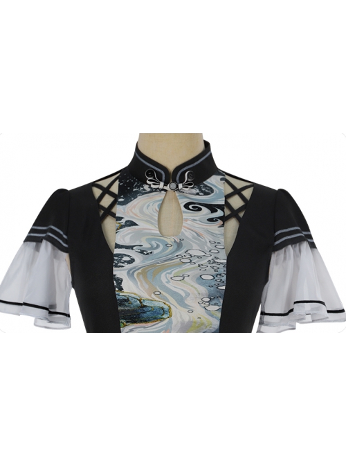Shanhaijing Series Summer New Chinese Style Improved Small Flying Sleeve Black Print Stand Collar Hanfu Cheongsam Dress