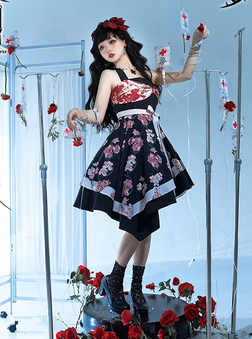 Large Bow High Waist Print Elegant Halter Detachable Belt Irregular Gothic Lolita Sleeveless Dress