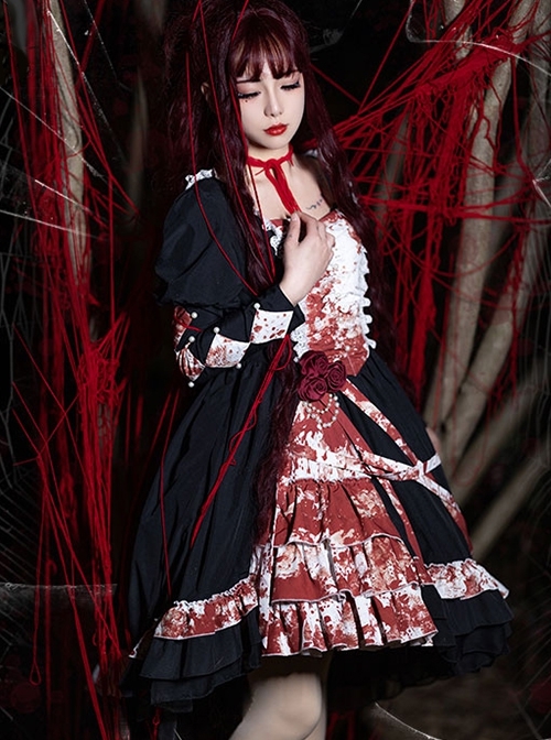 Elegant Small Square Collar Detachable Rose Ornament Pearl Bubble Long Sleeve Front Short Back Long Gothic Lolita Dress