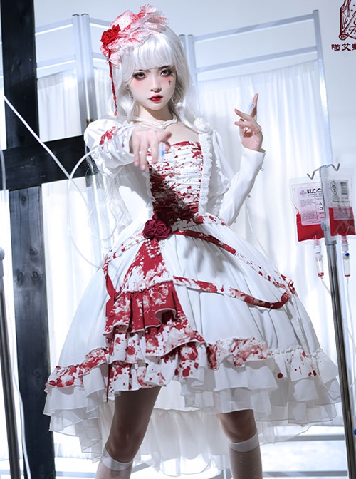 Elegant Small Square Collar Detachable Rose Ornament Pearl Bubble Long Sleeve Front Short Back Long Gothic Lolita Dress