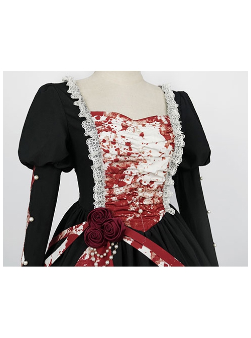 Elegant Small Square Collar Detachable Rose Ornament Pearl Bubble Long Sleeve Front Short Back Long Gothic Lolita Dress