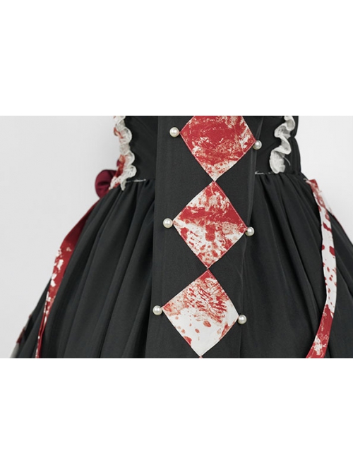 Elegant Small Square Collar Detachable Rose Ornament Pearl Bubble Long Sleeve Front Short Back Long Gothic Lolita Dress