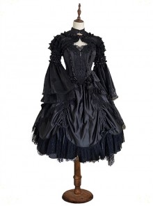 Black Lace Sling Corset Tail Top Flared Long Sleeve Fashion Ruffle Shawl Gothic Lolita Dress Set