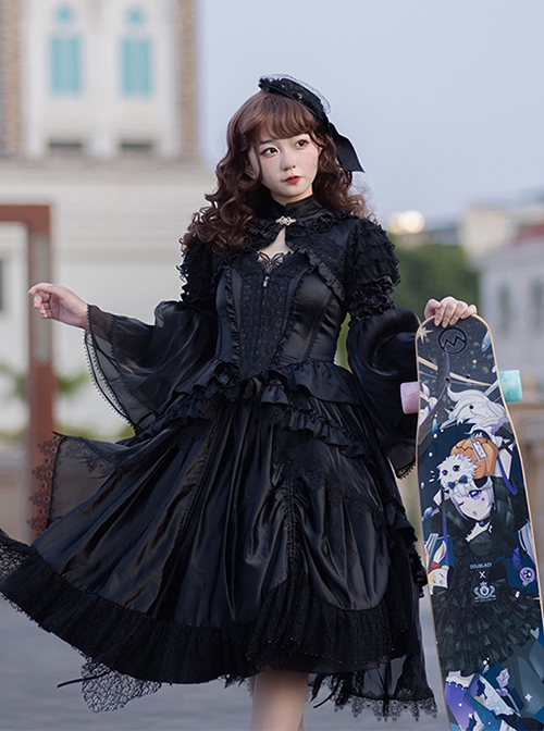 Black Lace Sling Corset Tail Top Flared Long Sleeve Fashion Ruffle Shawl Gothic Lolita Dress Set