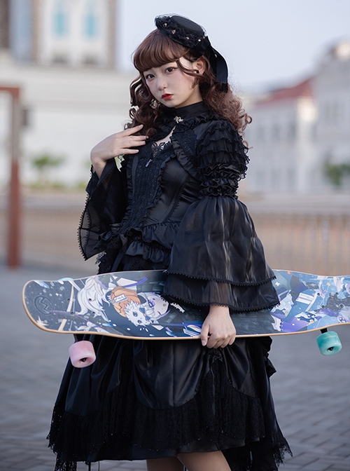 Black Lace Sling Corset Tail Top Flared Long Sleeve Fashion Ruffle Shawl Gothic Lolita Dress Set