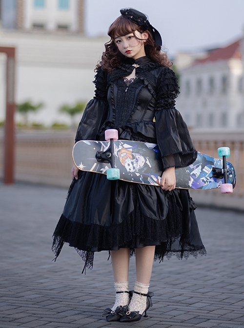 Black Lace Sling Corset Tail Top Flared Long Sleeve Fashion Ruffle Shawl Gothic Lolita Dress Set