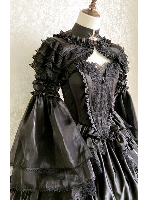 Black Lace Sling Corset Tail Top Flared Long Sleeve Fashion Ruffle Shawl Gothic Lolita Dress Set