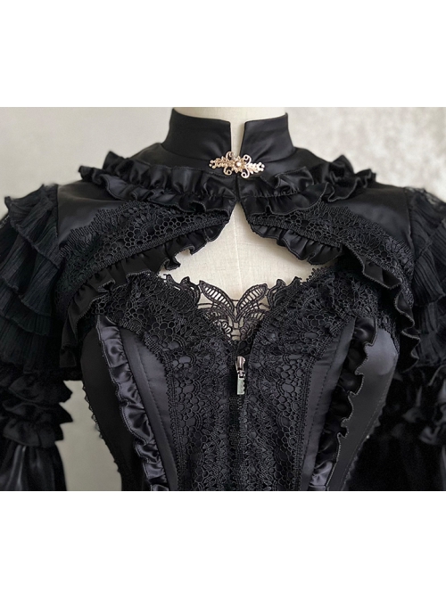 Black Lace Sling Corset Tail Top Flared Long Sleeve Fashion Ruffle Shawl Gothic Lolita Dress Set