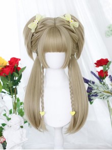 Classic Lolita Linen Cyan Japanese Style Double Ponytail Princess Cut Bangs Long Straight Hair Wig