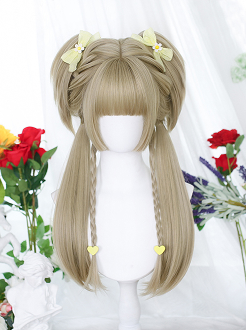 Classic Lolita Linen Cyan Japanese Style Double Ponytail Princess Cut Bangs Long Straight Hair Wig