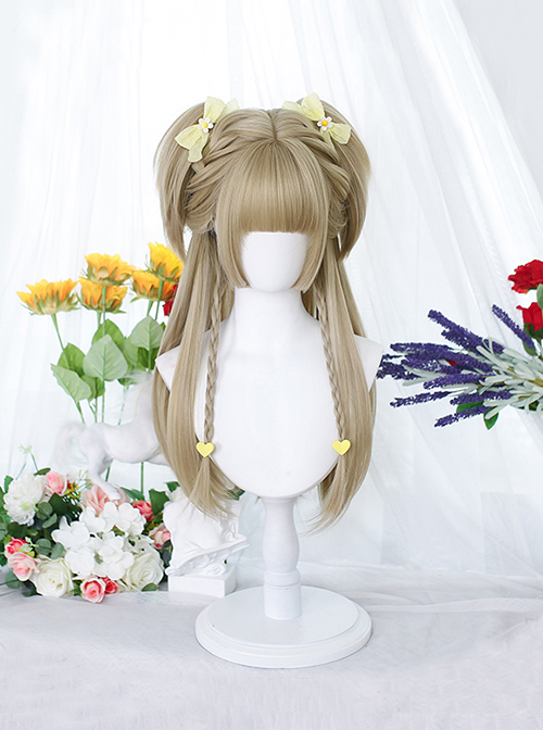 Classic Lolita Linen Cyan Japanese Style Double Ponytail Princess Cut Bangs Long Straight Hair Wig