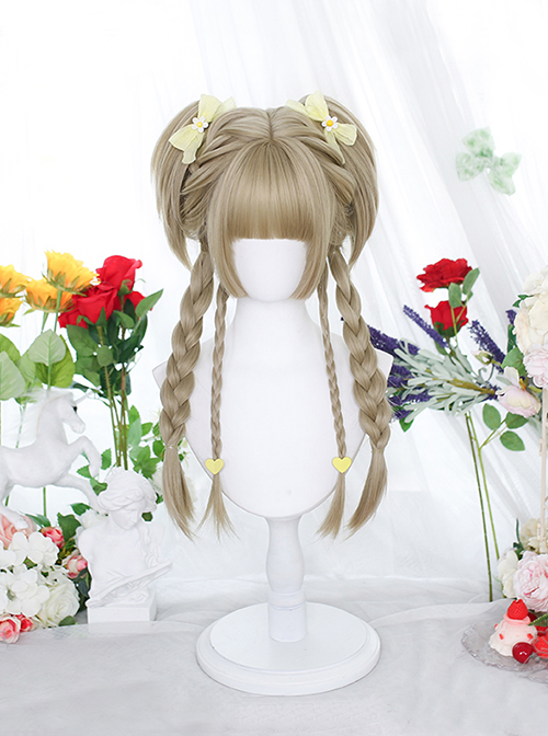Classic Lolita Linen Cyan Japanese Style Double Ponytail Princess Cut Bangs Long Straight Hair Wig