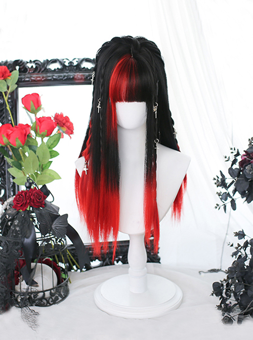 Gothic Style Dark Red And Black Qi Liuhai Lolita Long Straight Hair Wig