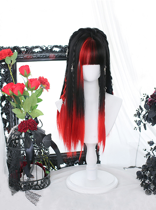 Gothic Style Dark Red And Black Qi Liuhai Lolita Long Straight Hair Wig