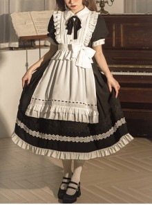 Cute Girly Little Maid Outfit Detachable Apron Black Bow Doll Collar Bubble Short-Sleeved Ruffled Sweet Lolita Dress Suit