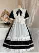 Cute Girly Little Maid Outfit Detachable Apron Black Bow Doll Collar Bubble Short-Sleeved Ruffled Sweet Lolita Dress Suit