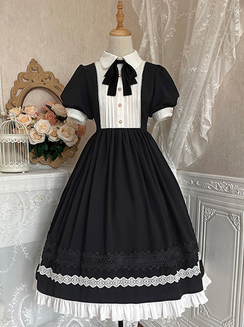 Cute Girly Little Maid Outfit Detachable Apron Black Bow Doll Collar Bubble Short-Sleeved Ruffled Sweet Lolita Dress Suit