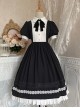 Cute Girly Little Maid Outfit Detachable Apron Black Bow Doll Collar Bubble Short-Sleeved Ruffled Sweet Lolita Dress Suit