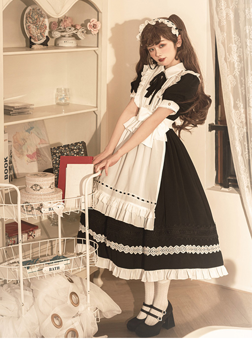 Cute Girly Little Maid Outfit Detachable Apron Black Bow Doll Collar Bubble Short-Sleeved Ruffled Sweet Lolita Dress Suit