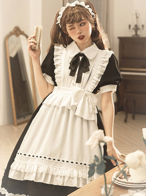 Cute Girly Little Maid Outfit Detachable Apron Black Bow Doll Collar Bubble Short-Sleeved Ruffled Sweet Lolita Dress Suit