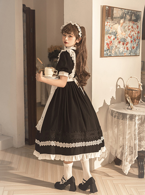 Cute Girly Little Maid Outfit Detachable Apron Black Bow Doll Collar Bubble Short-Sleeved Ruffled Sweet Lolita Dress Suit