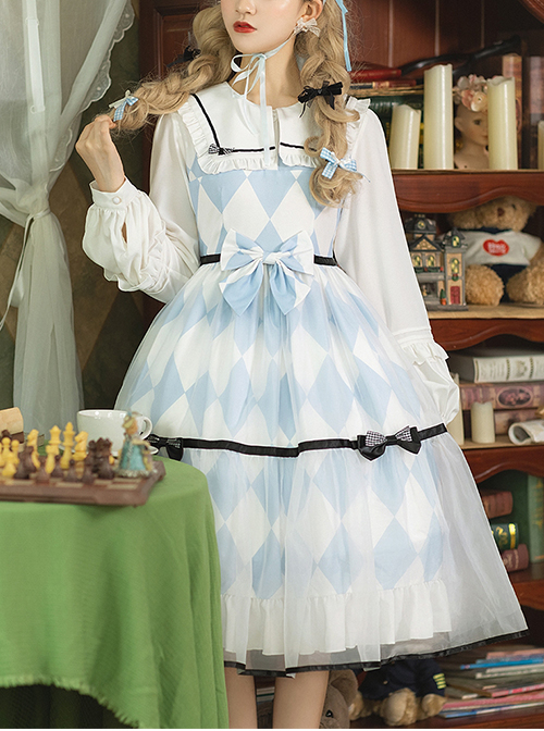 Alice Series OP Blue And White Diamond Shape Design Pleated Square Neck Bunny Ear Decoration Classic Lolita Long Sleeve Dress