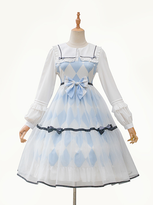 Alice Series OP Blue And White Diamond Shape Design Pleated Square Neck Bunny Ear Decoration Classic Lolita Long Sleeve Dress