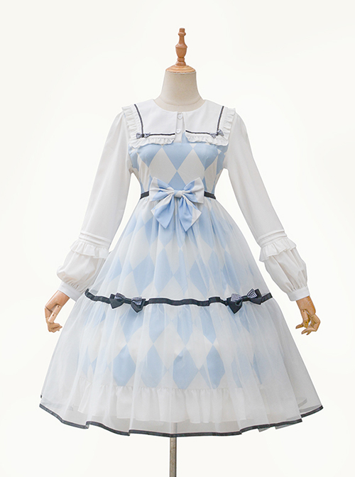 Alice Series OP Blue And White Diamond Shape Design Pleated Square Neck Bunny Ear Decoration Classic Lolita Long Sleeve Dress