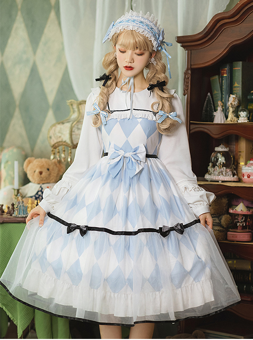 Alice Series OP Blue And White Diamond Shape Design Pleated Square Neck Bunny Ear Decoration Classic Lolita Long Sleeve Dress