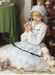 Alice Series OP Blue And White Diamond Shape Design Pleated Square Neck Bunny Ear Decoration Classic Lolita Long Sleeve Dress