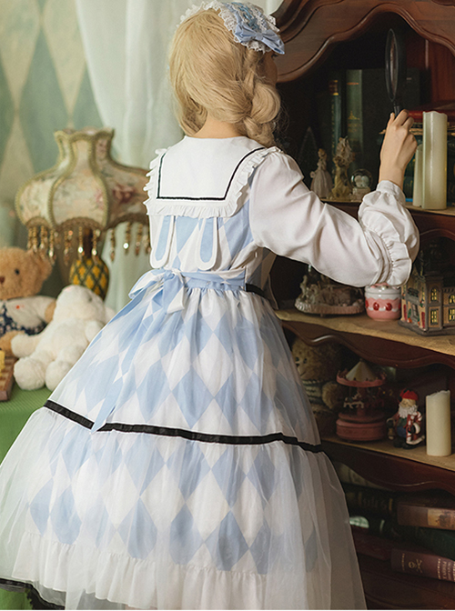 Alice Series OP Blue And White Diamond Shape Design Pleated Square Neck Bunny Ear Decoration Classic Lolita Long Sleeve Dress