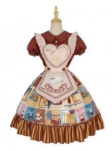 Anne'S Afternoon Tea Series SK Vintage Graphic Print Folds Heart Shape Apron Design Classic Lolita Skirt Set