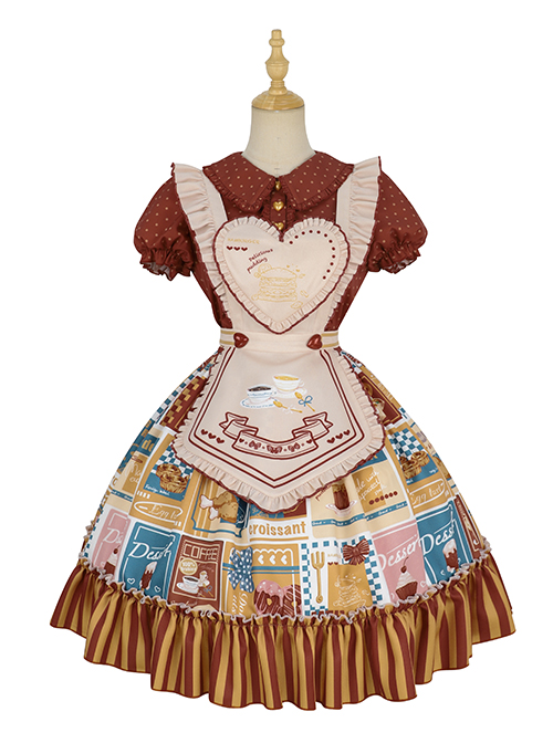 Anne'S Afternoon Tea Series SK Vintage Graphic Print Folds Heart Shape Apron Design Classic Lolita Skirt Set