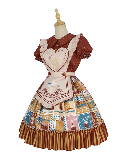 Anne'S Afternoon Tea Series SK Vintage Graphic Print Folds Heart Shape Apron Design Classic Lolita Skirt Set
