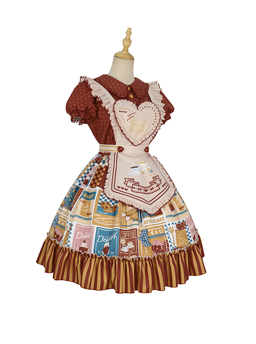 Anne'S Afternoon Tea Series SK Vintage Graphic Print Folds Heart Shape Apron Design Classic Lolita Skirt Set