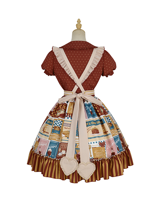 Anne'S Afternoon Tea Series SK Vintage Graphic Print Folds Heart Shape Apron Design Classic Lolita Skirt Set