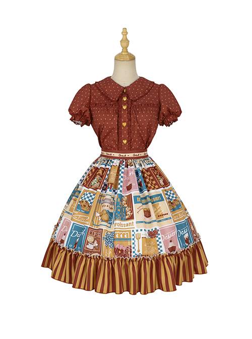 Anne'S Afternoon Tea Series SK Vintage Graphic Print Folds Heart Shape Apron Design Classic Lolita Skirt Set