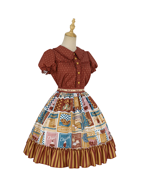 Anne'S Afternoon Tea Series SK Vintage Graphic Print Folds Heart Shape Apron Design Classic Lolita Skirt Set