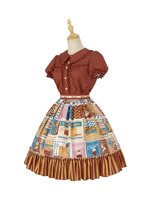 Anne'S Afternoon Tea Series SK Vintage Graphic Print Folds Heart Shape Apron Design Classic Lolita Skirt Set