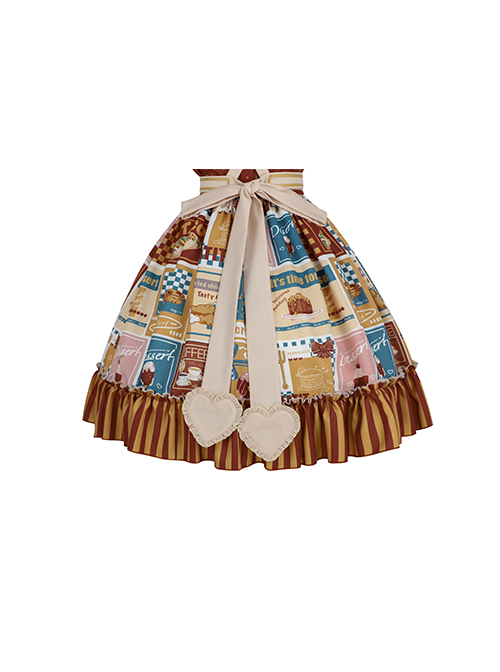 Anne'S Afternoon Tea Series SK Vintage Graphic Print Folds Heart Shape Apron Design Classic Lolita Skirt Set