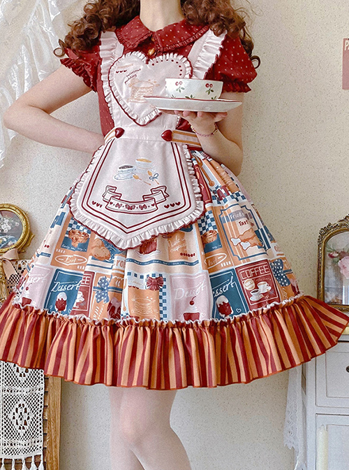 Anne'S Afternoon Tea Series SK Vintage Graphic Print Folds Heart Shape Apron Design Classic Lolita Skirt Set