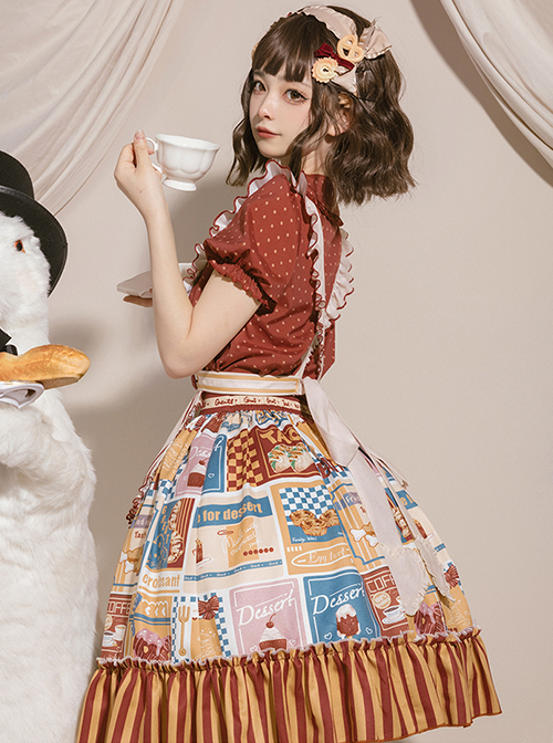 Anne'S Afternoon Tea Series SK Vintage Graphic Print Folds Heart Shape Apron Design Classic Lolita Skirt Set