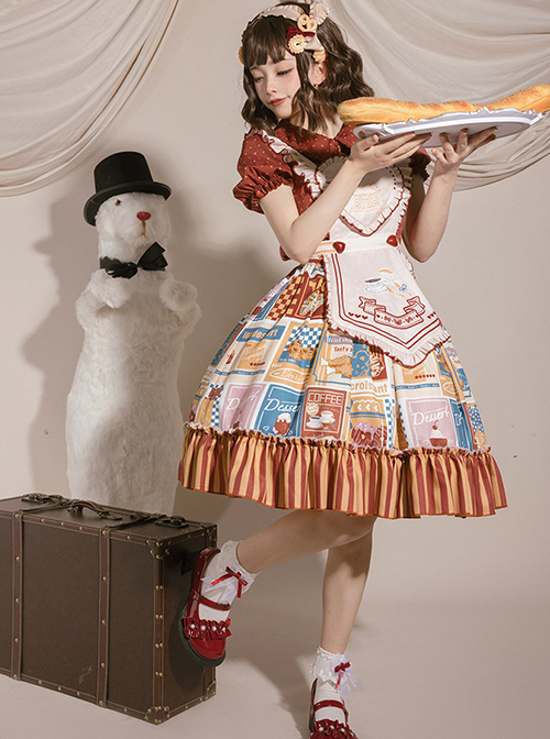 Anne'S Afternoon Tea Series SK Vintage Graphic Print Folds Heart Shape Apron Design Classic Lolita Skirt Set