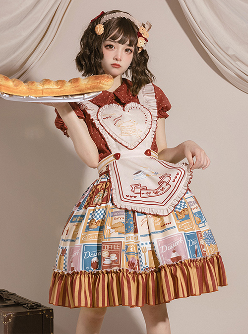 Anne'S Afternoon Tea Series SK Vintage Graphic Print Folds Heart Shape Apron Design Classic Lolita Skirt Set