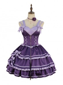 Purple Sexy Metal Zipper Design Three-Layer Pleated Hem Bow Knots Decoration JSK Classic Lolita Dress Set