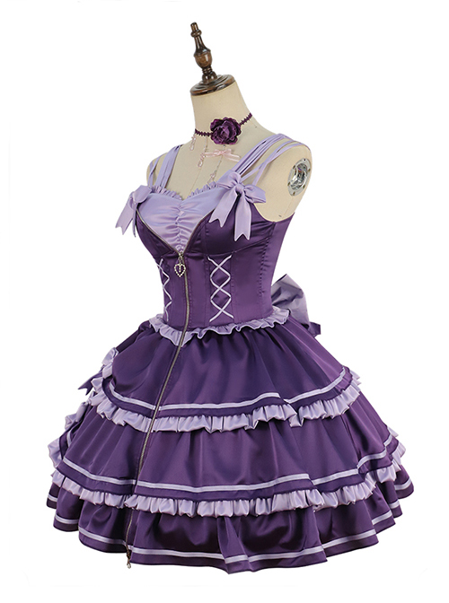 Purple Sexy Metal Zipper Design Three-Layer Pleated Hem Bow Knots Decoration JSK Classic Lolita Dress Set