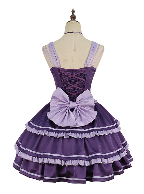 Purple Sexy Metal Zipper Design Three-Layer Pleated Hem Bow Knots Decoration JSK Classic Lolita Dress Set