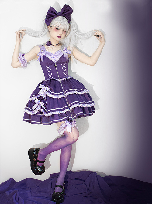 Purple Sexy Metal Zipper Design Three-Layer Pleated Hem Bow Knots Decoration JSK Classic Lolita Dress Set