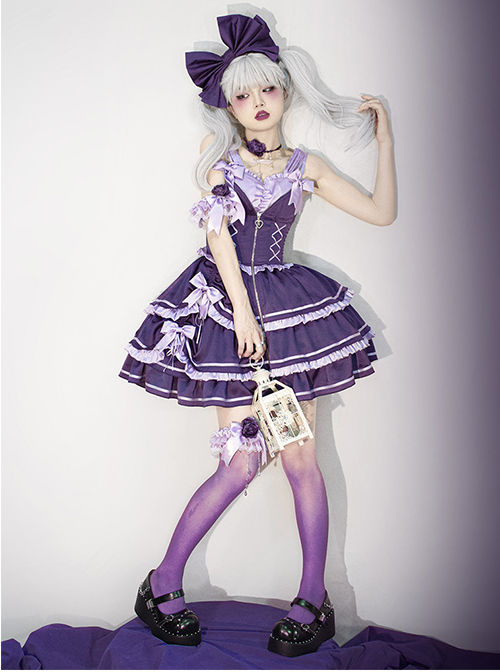 Purple Sexy Metal Zipper Design Three-Layer Pleated Hem Bow Knots Decoration JSK Classic Lolita Dress Set