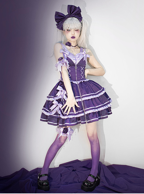 Purple Sexy Metal Zipper Design Three-Layer Pleated Hem Bow Knots Decoration JSK Classic Lolita Dress Set